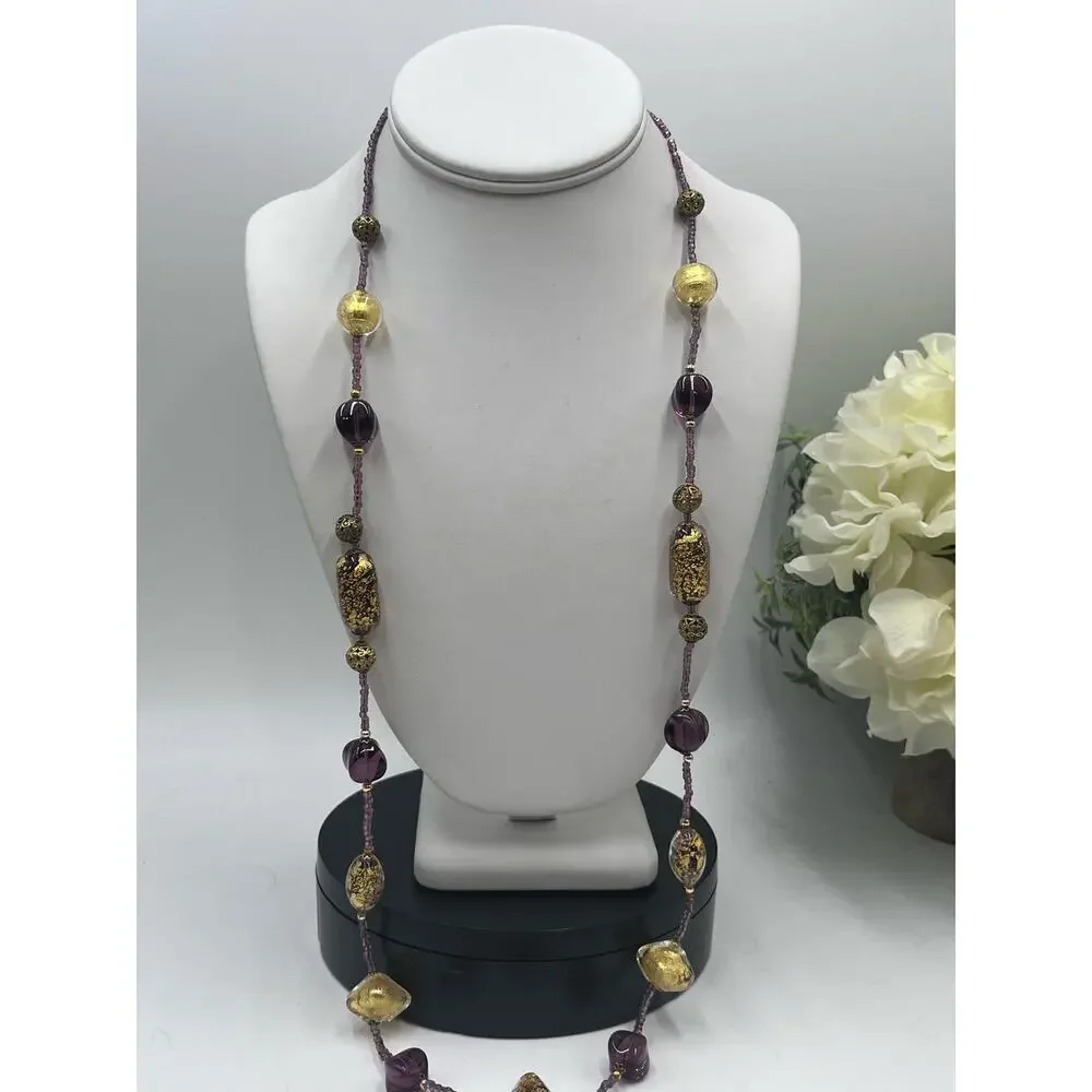 Purple Gold Foil Leaf Beaded Murano Vintage Glass Bead Embossed Brass Necklace‎